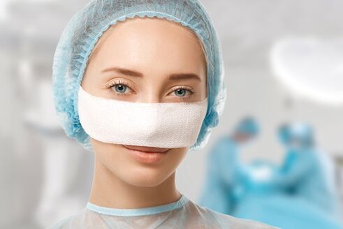 Bandage attached to the nose during rehabilitation after rhinoplasty